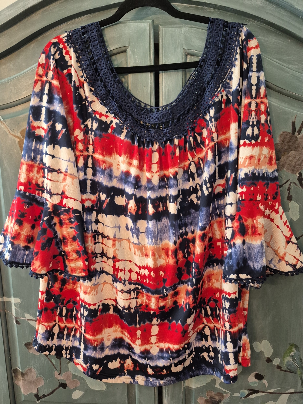 Women's Navy, Red & Cream Tie-Dye Crochet-Neck Blouse